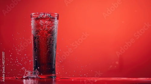 A tall glass filled with effervescent soda, condensation dripping down the sides, set against a vibrant red background, promising a refreshing burst of fizziness. photo