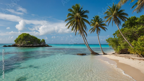 Tropical Beach by Ocean with Sunny Sky and Palm Trees - Paradise Vacation Scene