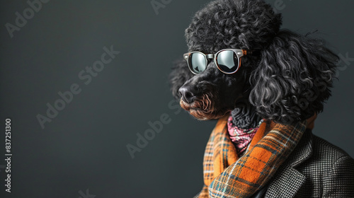 Cool looking pink dog wearing elegant suit with scarf and sunglasses. Stylish animal posing. Wide banner with copy space for text at side. Black background.  © Martinesku