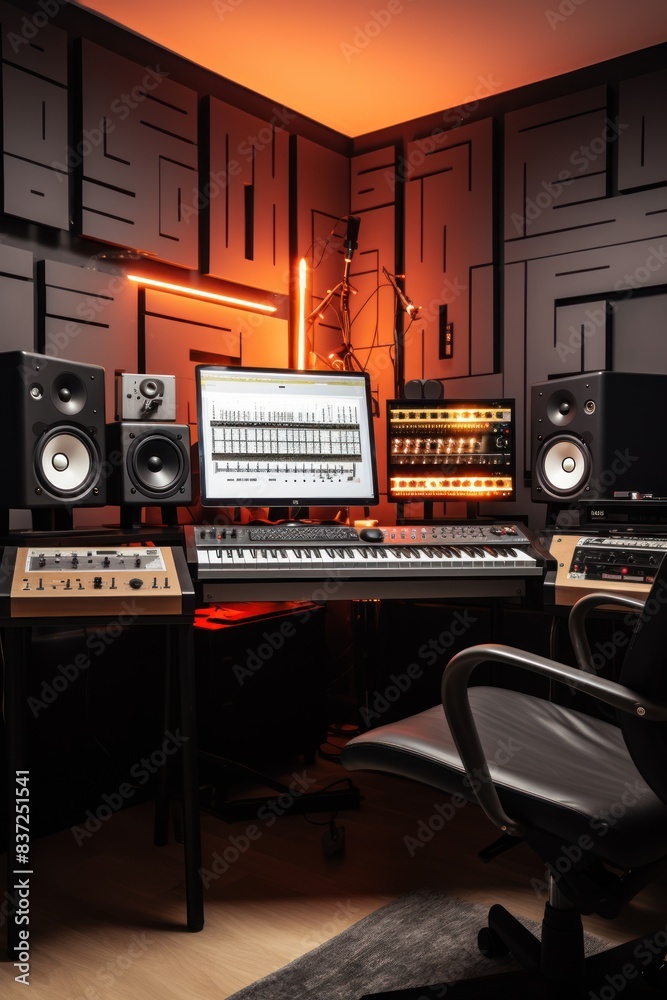 Modern home studio with keyboard, mixing gear, and soundproofing