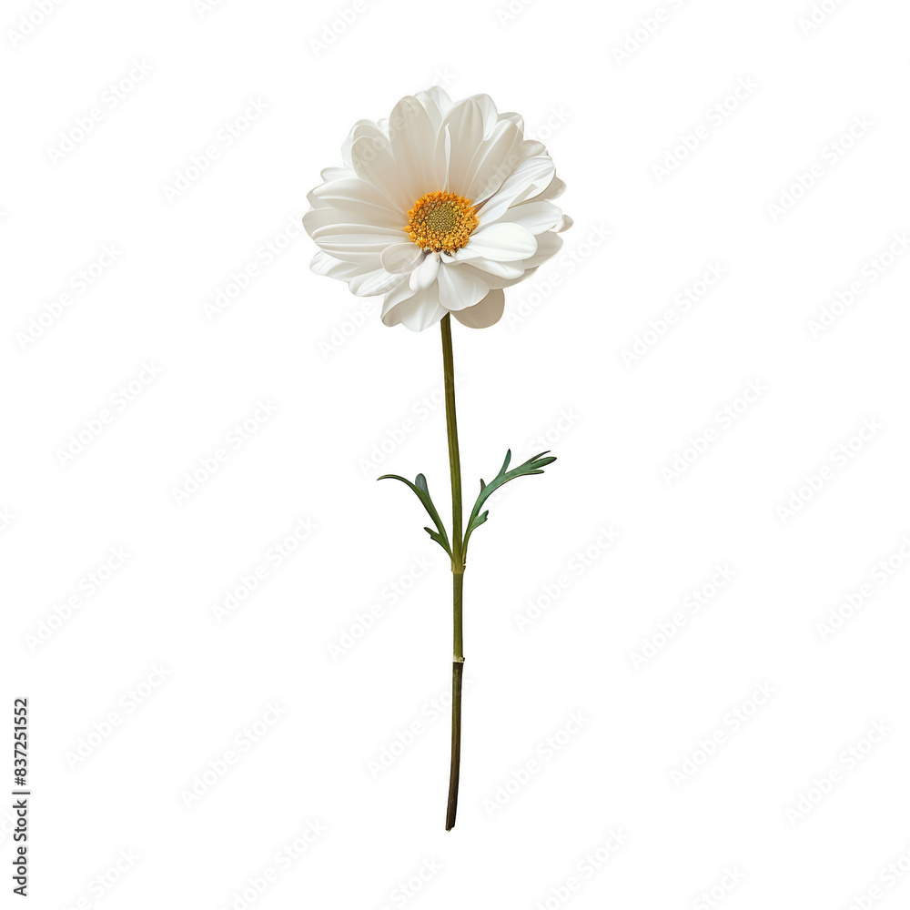 Obraz premium High-quality image of a single white daisy flower with green stem and leaves, isolated on a white background.