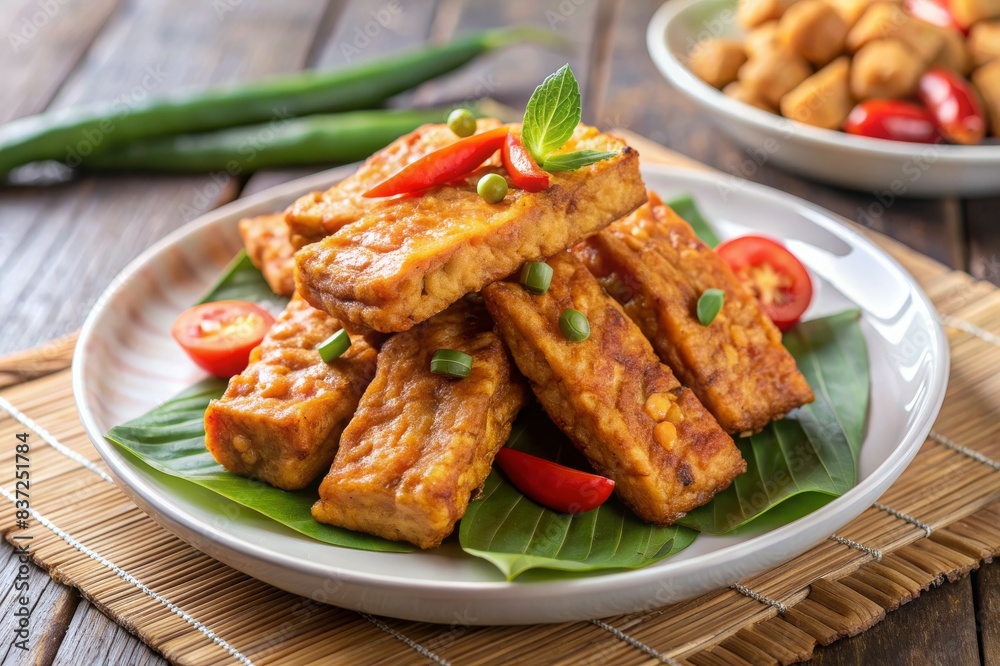 Tempeh, Tempe Goreng or Fried tempeh is Indonesia traditional food, made from fermented soybean seeds. Tempeh, Tempe Goreng or Fried tempeh is Indonesia traditional food, made from fermented soybean seeds.