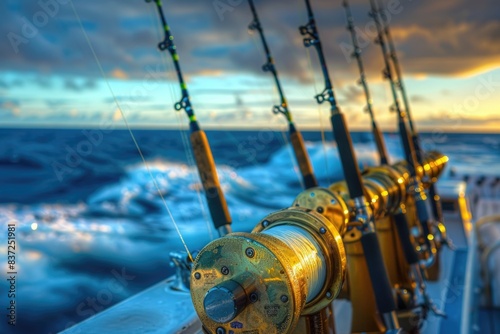A row of fishing rods on a boat in the ocean, suitable for use in travel or outdoor-themed images