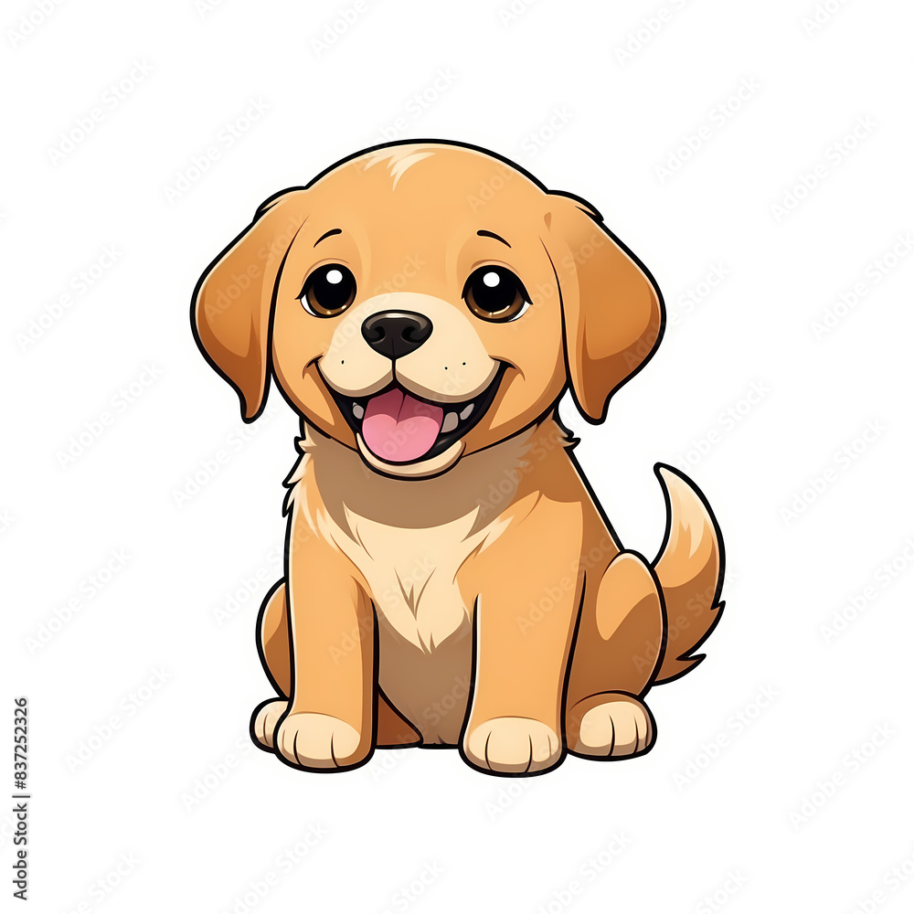 Cute Childish Kawaii Labrador Dog Character Sticker with Big Smile and Warm Golden Fur, Tongue Sticking Out and Big Round Eyes, Thick Black Outline, Generative AI.
