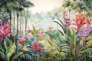 Papier peint photo Jungle Flore tropicale aquarelle tons pastel doux  © Photocreo Bednarek