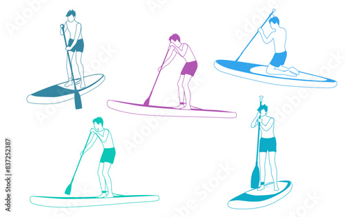 Set man  with SUP-BOARD stand-up padding. Paddle board beach man stand up on paddle board and learns surfing on water, silhouette, cartoon flat design, multicolored isolated on white background