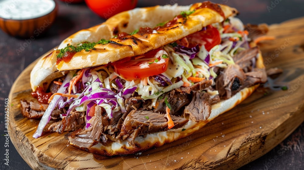Traditional german doner kebap served on a wooden platter, featuring sliced meat, fresh vegetables, and savory sauce as a delectable fast food option Traditional german doner kebap served on a wooden platter, featuring sliced meat, fresh vegetables, and savory sauce as a delectable fast food option