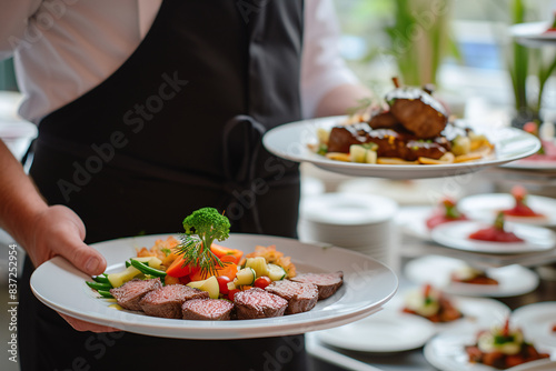 Waiter carrying plates with meat dish on some festive event, party or wedding reception. Staff of restaurant or café. Catering. Close up