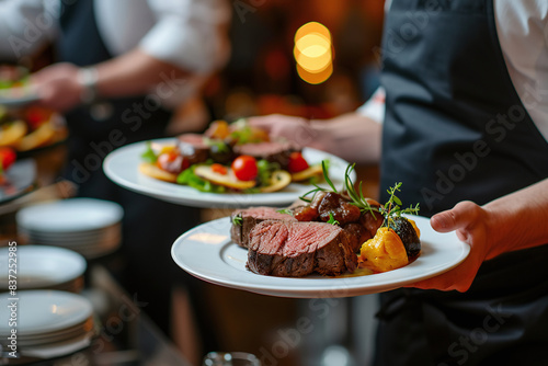 Waiter carrying plates with meat dish on some festive event, party or wedding reception. Staff of restaurant or café. Catering. Close up