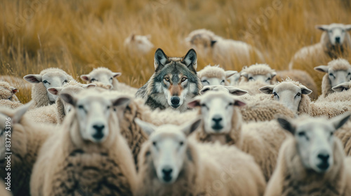 A wolf hiding among a flock of sheep. Deceptive wolf in sheep`s clothing.	

