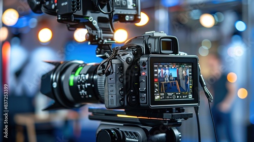 Professional Video Camera Recording Live Event with Digital Display
