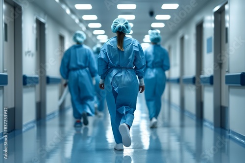 Medical staff walking through hospital corridor photo