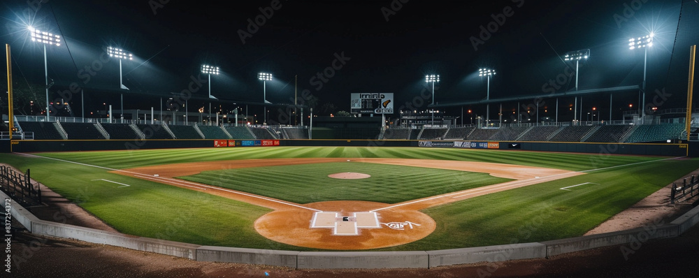 The stark contrast of an empty baseball stadium at night, focusing on the illuminated field and shadowed stands, with substantial copy space in the overhead darkness. The stark contrast of an empty baseball stadium at night, focusing on the illuminated field and shadowed stands, with substantial copy space in the overhead darkness.