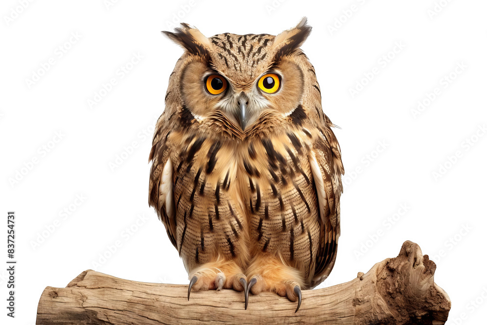 Fototapeta premium A majestic owl with piercing yellow eyes perches on a branch, its feathers beautifully patterned.