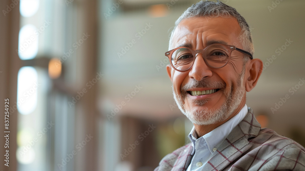 A smiling elderly man with glasses and a gray beard, wearing a checkered blazer and a light blue shirt, standing indoors with blurred background. A smiling elderly man with glasses and a gray beard, wearing a checkered blazer and a light blue shirt, standing indoors with blurred background.
