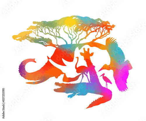 Welcome to Africa poster. Africa abstract animals colored silhouette. hand drawing. Not AI, Vector illustration photo