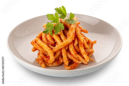 Macaroni al Ferro typical macaroni of calabrese cuisine, italy, seasoned with tomato sauce with parsley leaves in white plate isolated photo