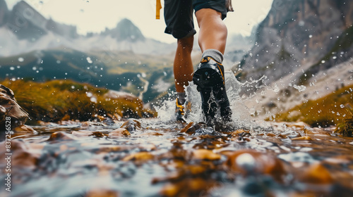 Close-up of a person hiking through a shallow stream in a mountainous area. The hiker's legs and boots are visible, splashing water as they walk. 
