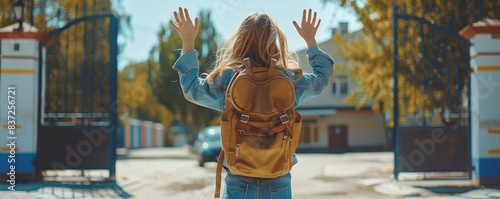 A student holding a backpack and waving goodbye to their parents as they enter the school gates photo