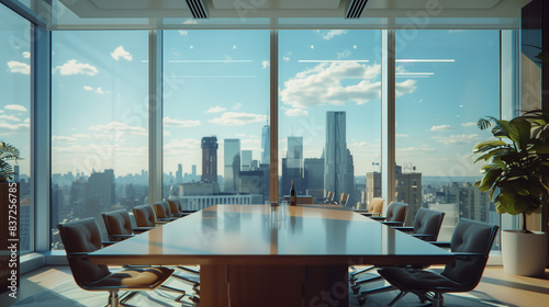 A modern conference room with a large wooden table and leather chairs, overlooking a cityscape through floor-to-ceiling windows. The room is well-lit with natural light and has a plant in the corner.