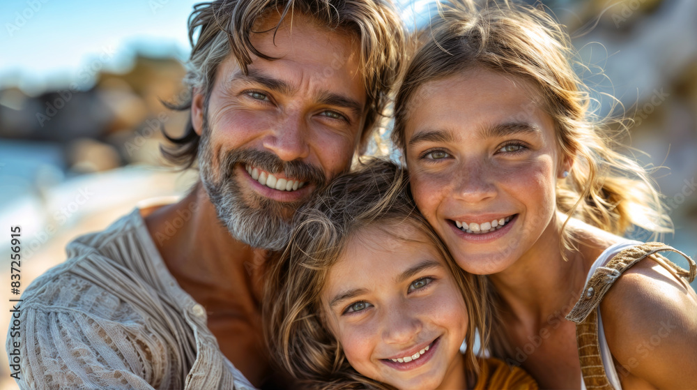 Happy family with children or girls taking a selfie on beach smiling to the camera. Summer vacation concept Happy family with children or girls taking a selfie on beach smiling to the camera. Summer vacation concept