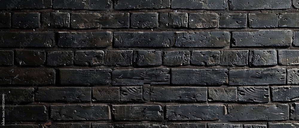 Black Matte Brick Wall Background with Dark Grunge Texture and Copy Space