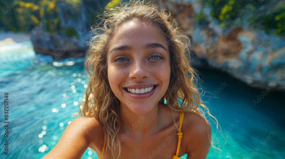 Attractive young woman taking selfie from a cliff in front of a idyllic tropical coast. Travel and summer vacation concept Attractive young woman taking selfie from a cliff in front of a idyllic tropical coast. Travel and summer vacation concept