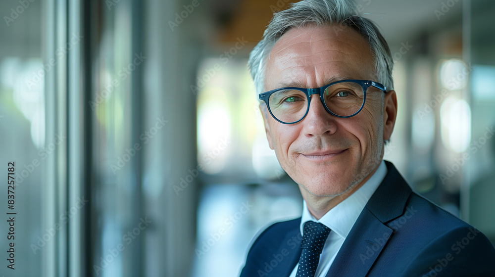 Confident middle-aged businessman with glasses smiling in a modern office setting. Confident middle-aged businessman with glasses smiling in a modern office setting.