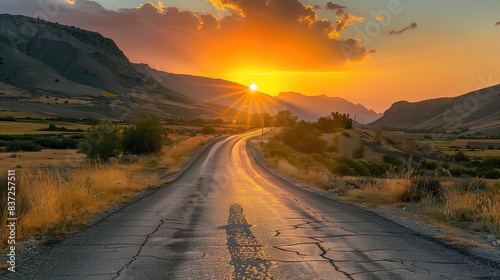 Stunning Sunset Over a Winding Road in the Mountainous Landscape