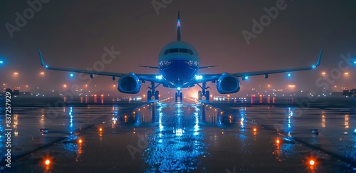 Airplane Taxiing on Runway at Night With Wet Pavement