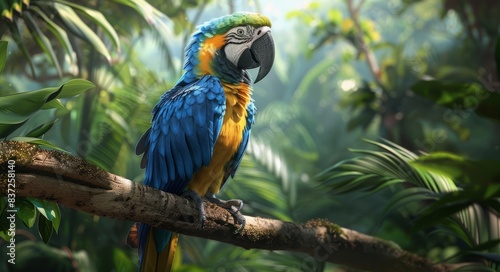 Blue Macaw Perched on Branch in Lush Rainforest