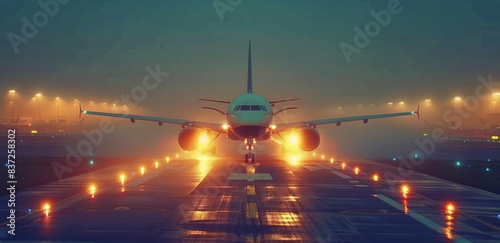 Airplane Taxiing on Runway at Night With Fog