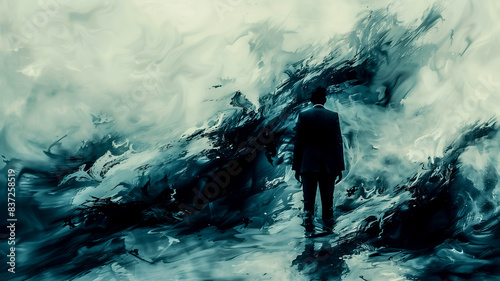 Surreal depressed businessman suffered from mental illness concept. Hard stroke illustration .