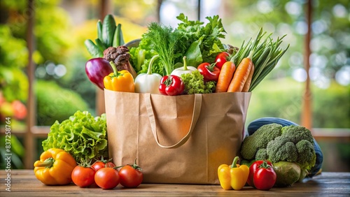 Grocery shopping bag filled with fresh produce , groceries, shopping, bag, groceries, vegetables, fruits, market, eco-friendly, healthy, food, organic, consumerism, retail, convenience