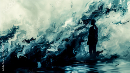 Surreal depressed businessman suffered from mental illness concept. Hard stroke illustration .