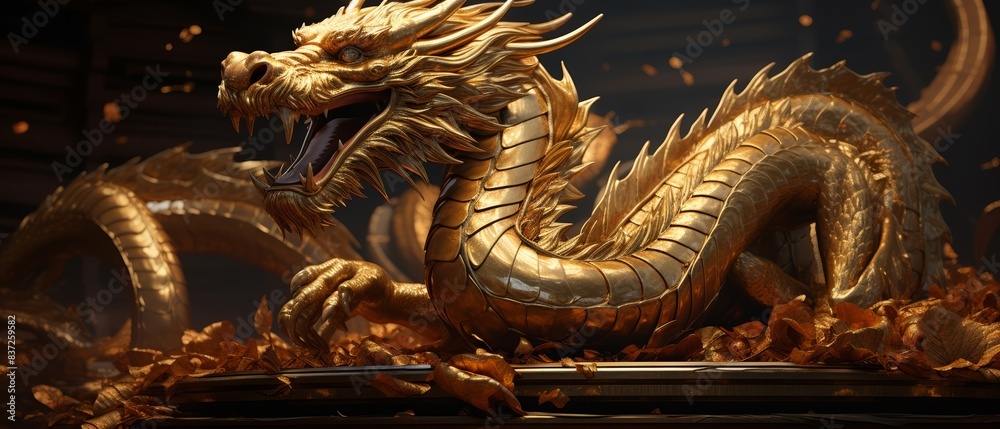 Fototapeta premium 3D golden dragon on treasure, detailed scales and claws, dramatic lighting, low angle