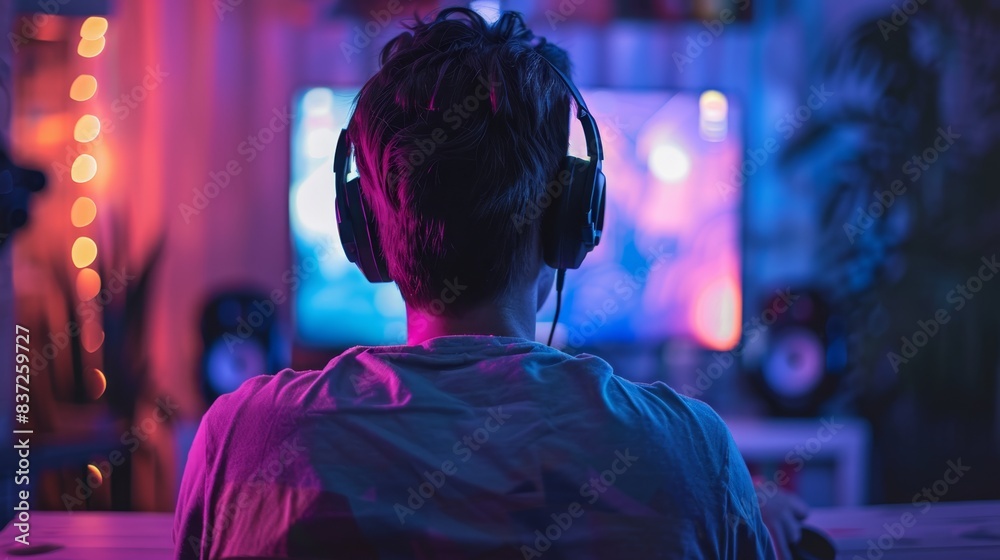 Person with headphones playing video games on a computer at night, illuminated by colorful neon lights in a cozy setup. Person with headphones playing video games on a computer at night, illuminated by colorful neon lights in a cozy setup.