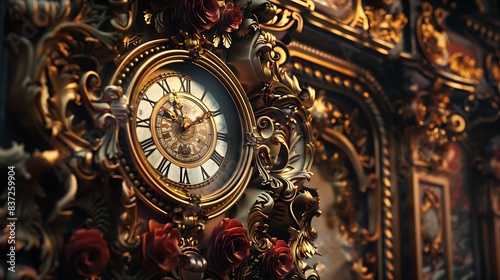 Ornate Renaissance era clock set against a richly decorated background. 8k, realistic, full ultra HD, high resolution and cinematic photography © Muhammad