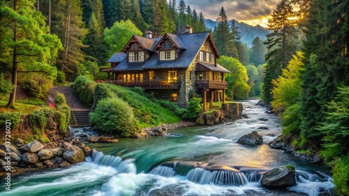 Majestic house surrounded by lush forest and flowing river