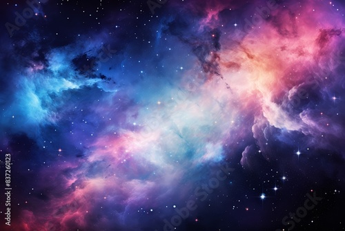 Abstract space scene with a galaxy in brilliant hues of blue, pink, and purple, wide shot