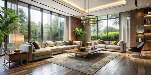 Elegant and spacious living room with minimalist design and natural light photo