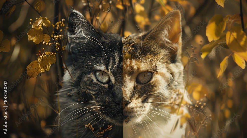 One half image of half cat and half dog illustration (close up, creativity theme, dynamic, composite, artist studio backdrop)