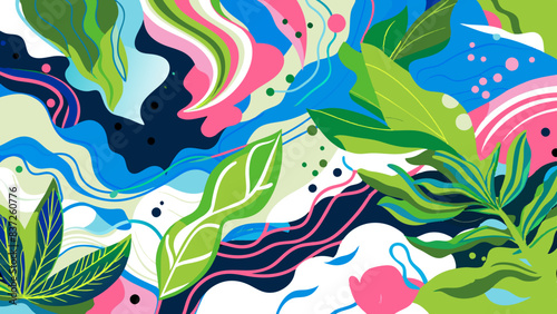 Vibrant Abstract Nature Pattern with Tropical Elements and Fluid Shapes