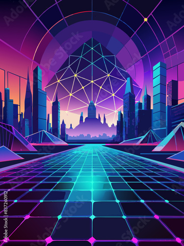 Vibrant Retro-Futuristic Cityscape with Neon Grid and Geodesic Dome