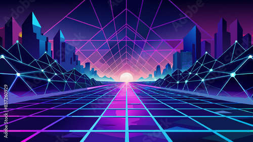 Futuristic Cityscape at Sunrise with Vibrant Neon Grid