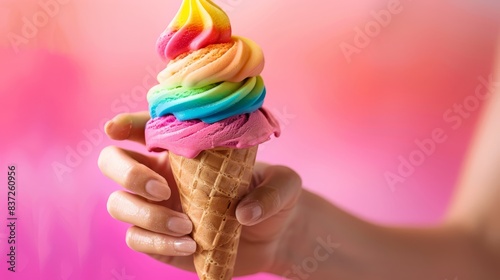 Vibrant LGBT pride ice cream cone held by a female hand, pink background. Perfect for visuals related to pride and LGBTQ+ support