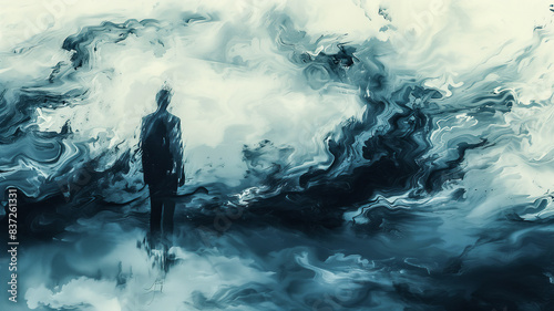 Surreal depressed businessman suffered from mental illness concept. Hard stroke illustration .