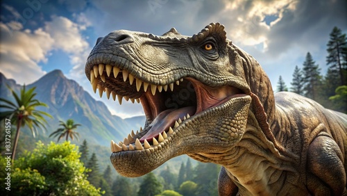 Close up of a realistic rendering of a Tyrannosaurus rex dinosaur  dinosaur  prehistoric  ancient  carnivore  reptile  predator  extinct  fossil  powerful  teeth  roaring  fierce  danger