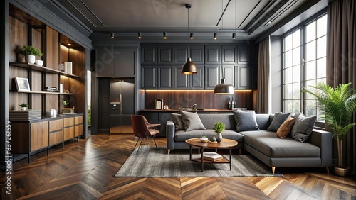 Modern and chic loft style studio apartment with dark color scheme, panel wall, and parquet hardwood floor , loft, elegant, studio apartment, dark colors, flexible layout, modern, chic photo