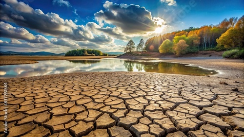 A stock photo of a dried up lake showing the effects of climate change , drought, water problem, environmental impact, dry, hot, summer, climate crisis, global warming, arid, depleted photo